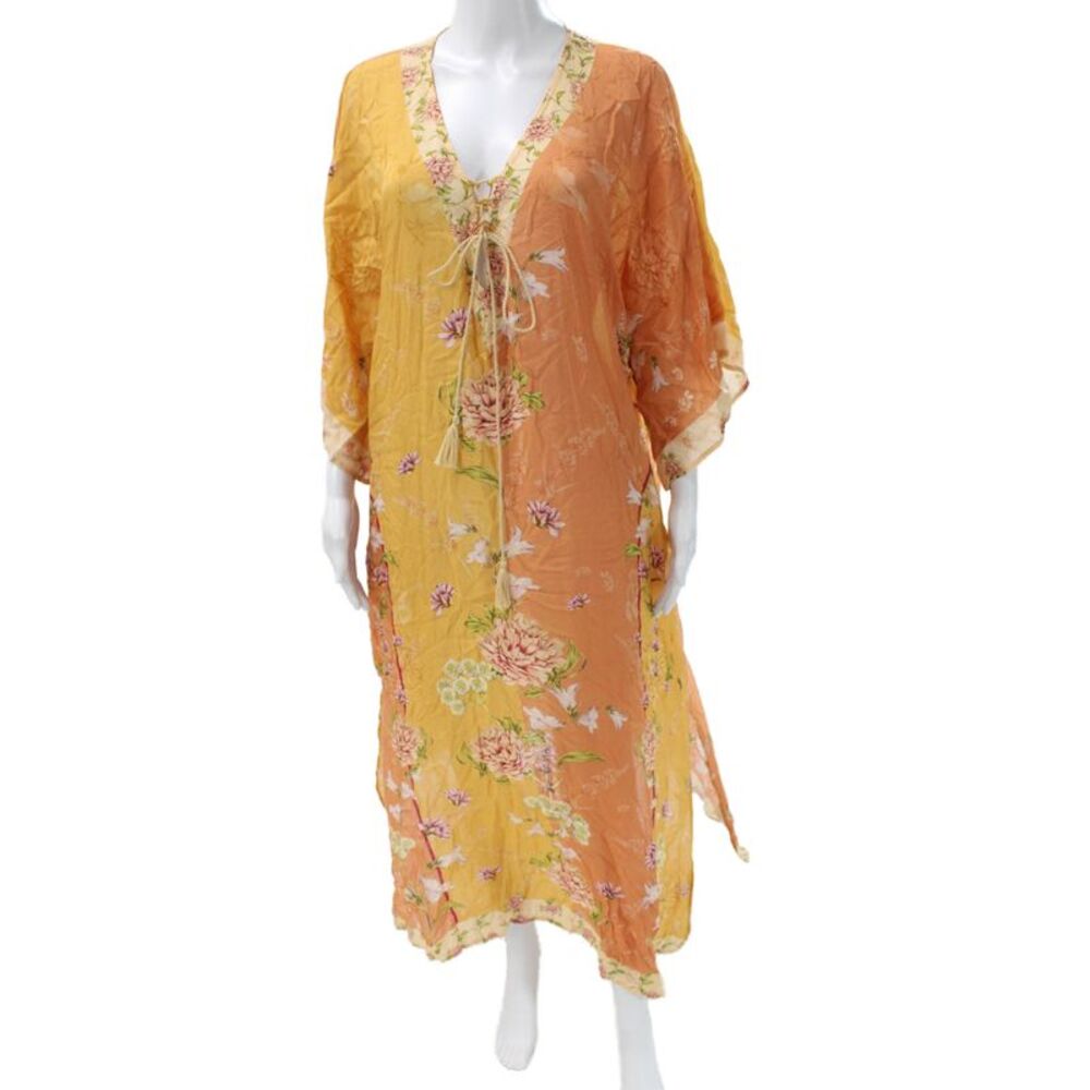 Agua Bendita Womens Kaftan Floral Multicolor V Neck 3/4 Sleeve Size One Size